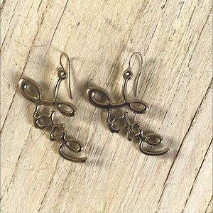 Love script earrings on fishhook gold colored handmade
